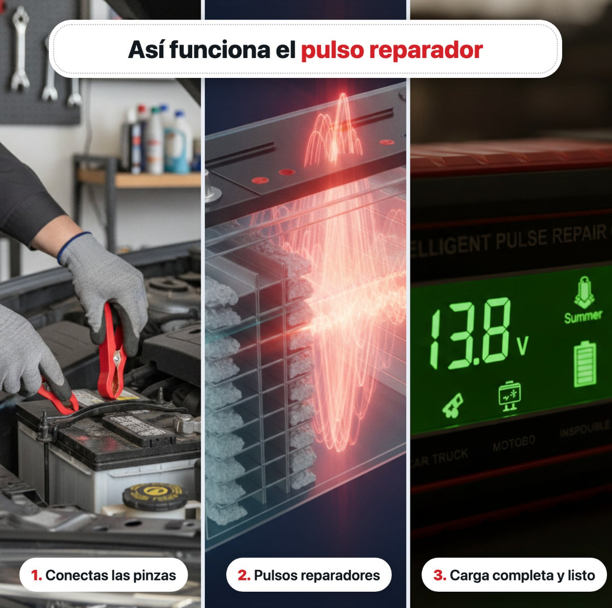 Cargador VoltMaster conectado a una batería de auto